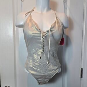 NWT Uncommon Sense Women One Piece Beige Shimmer Gold Swimsuit sz M